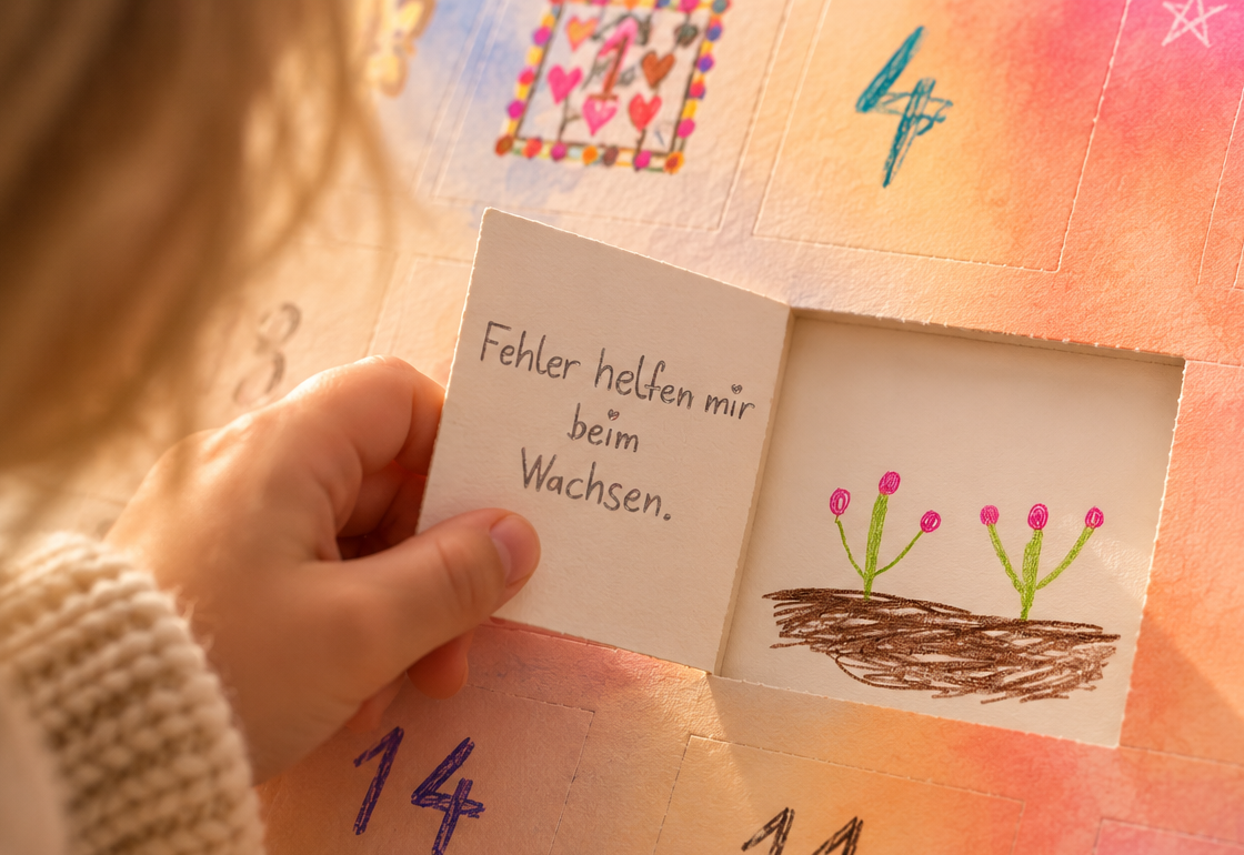 Kind öffnet Adventskalender mit handgemachtem Bild und Spruch.