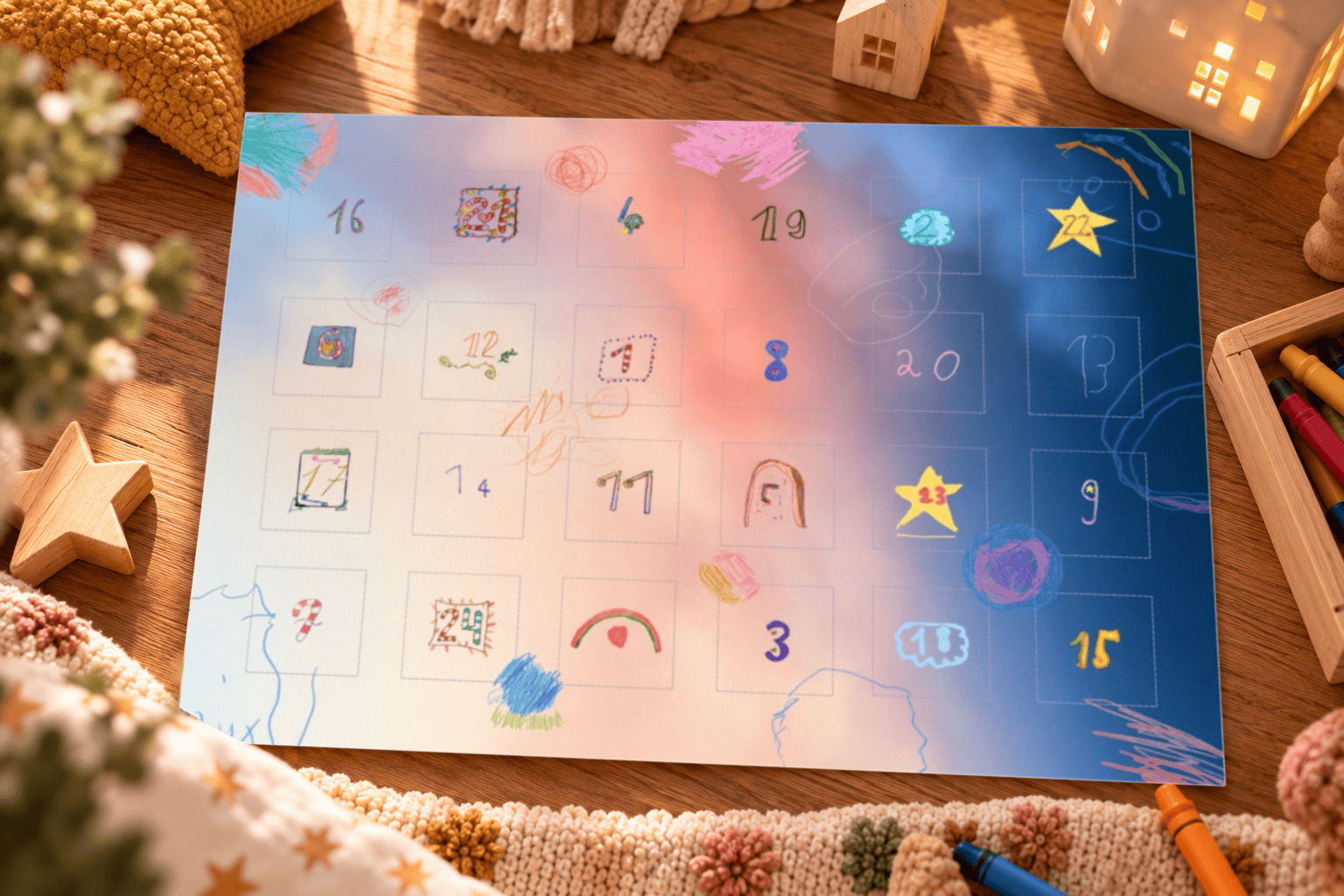 Adventskalender Entdeckerland mit bunten Zahlen und Zeichnungen, festliche Dekorationen.